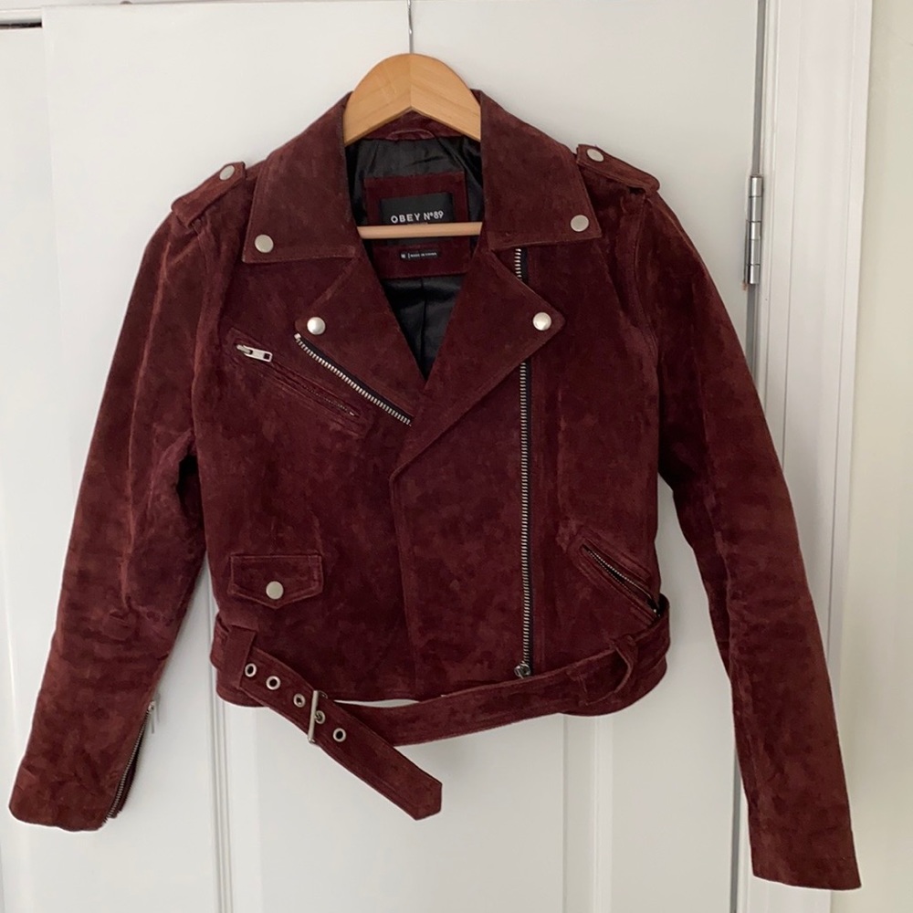 Beautiful Obey No 89 Burgundy Cropped Moto Jacket